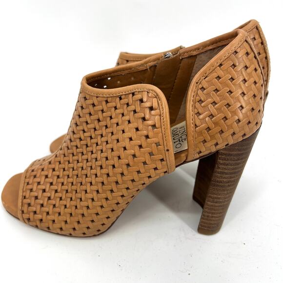 Vince Camuto Tan Prisha Moon Shaped Stacked Heels Zipper Perforated Shoes Size 7 - Picture 1 of 9